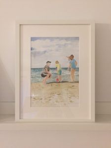 Obraz w ramie akwarela z rodziną nad morzem
